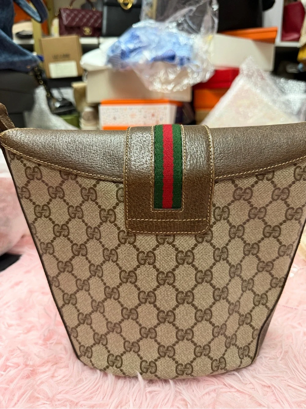 Gucci Beige Brown GG Canvas Hobo with Green-Red Web Stripe